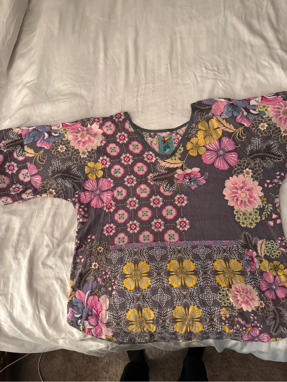 Johnny Was Embroidered Floral Patch V-Neck Top - Purple, Pink & Yellow